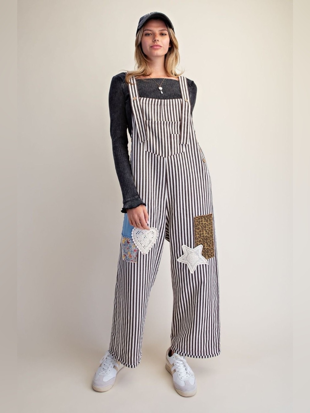 Easel Ash Brown Striped Washed Twill Overall
